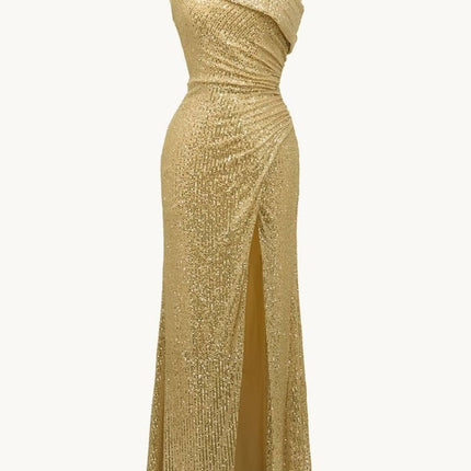 Ladivine Amoris T806 One Shoulder Evening Sequin Dress Leg Slit