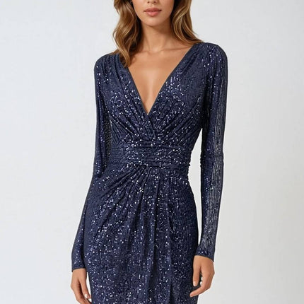 Ladivine Amoris T807 Knee Length Long Sleeve Sequin Dress V-Neckline