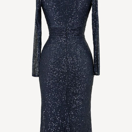 Ladivine Amoris T807 Knee Length Long Sleeve Sequin Dress V-Neckline