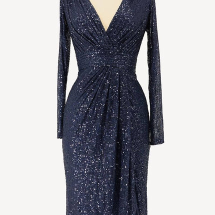 Ladivine Amoris T807 Knee Length Long Sleeve Sequin Dress V-Neckline