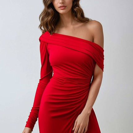 Ladivine Amoris T808 One Sleeve Off Shoulder Fitted Gown with Slit