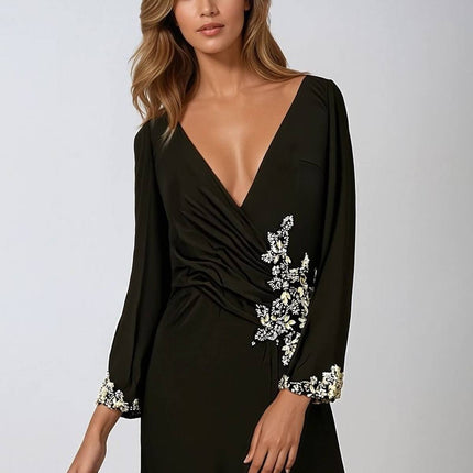 Ladivine Amoris T809 Long Sleeve V-Neckline Embellished Leg Slit Gown