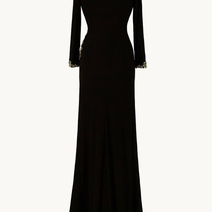 Ladivine Amoris T809 Long Sleeve V-Neckline Embellished Leg Slit Gown