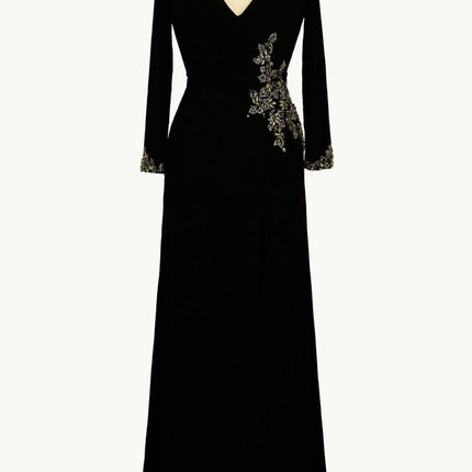 Ladivine Amoris T809 Long Sleeve V-Neckline Embellished Leg Slit Gown