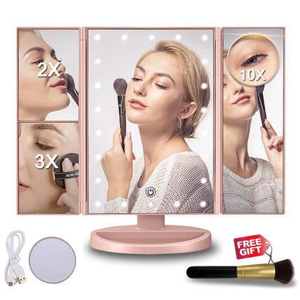 Tri-fold Vanity Makeup LED USB Touch Screen 10X Magnifing Mirror