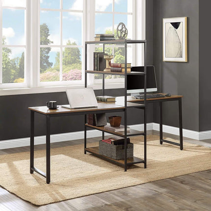 Two Person Computer Desk with Bookshelf Wood and Metal