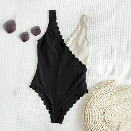 Two Tone Scallop Trim One Piece Swimsuit