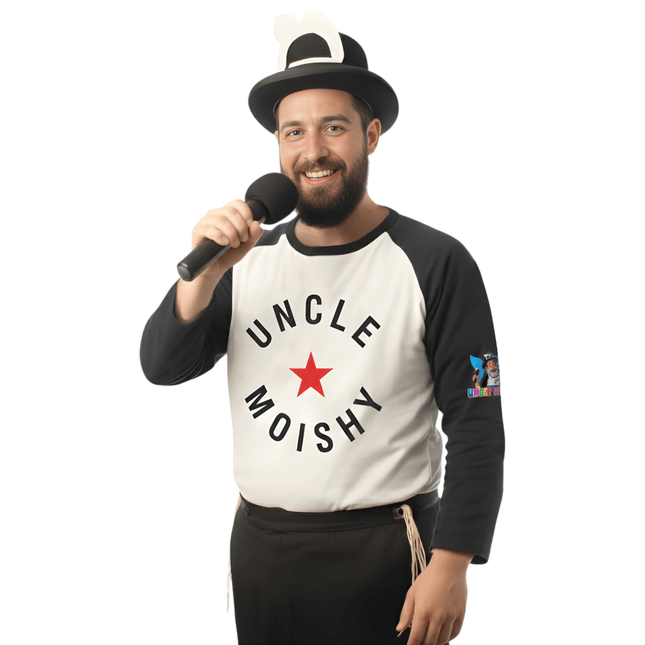 Uncle Moishy Adult Entertainer Costume Set with Hat, Shirt & Toy Microphone – Performer Dress-Up Outfit