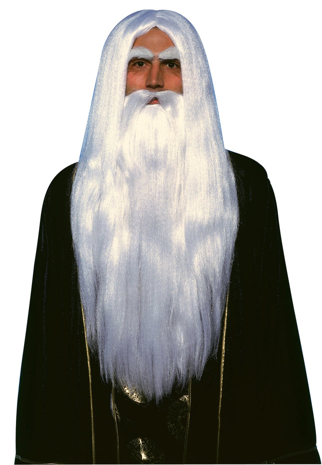 Merlin Wig and Beard Set Adult Long White Wizard Costume