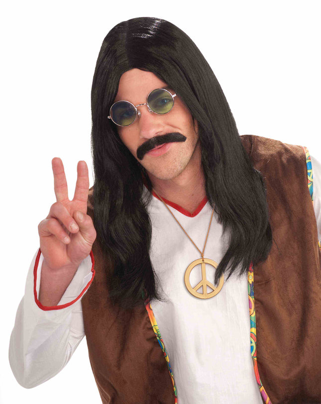 Hippie Dude Long Black Wig 70's 80's