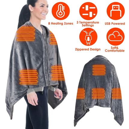 USB Heated Blanket Poncho Shawl Wrap Throw with Zipper Washable