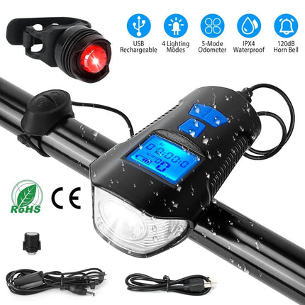 USB Rechargeable Bike Light Set with Speedometer and Odometer