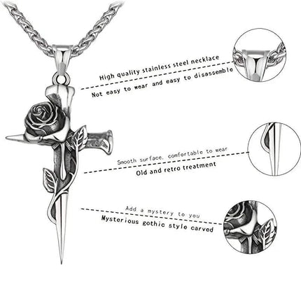 Vintage-Inspired Men's Titanium Steel Pendant Necklace - Unique Keel Chain Design with Cross and Rose Accents