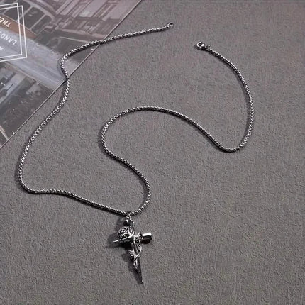 Vintage-Inspired Men's Titanium Steel Pendant Necklace - Unique Keel Chain Design with Cross and Rose Accents