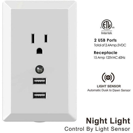 White Light Sensor Dual USB Wall Outlet