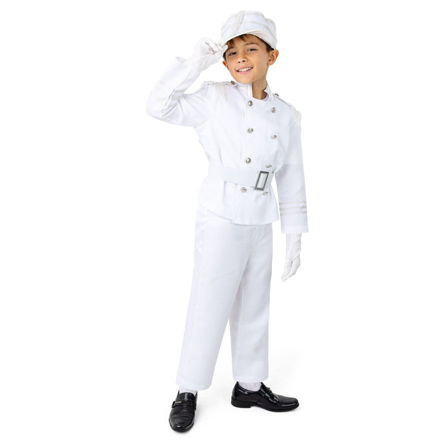 Kids Marching Band Costume – White Uniform with Jacket, Pants, Belt & Hat
