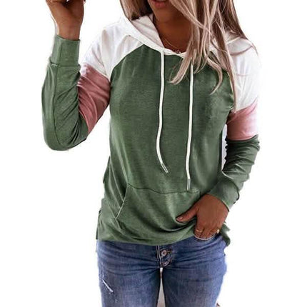 Winter Women’s Fashion Casual Sweatshirts Long Sleeve Hooded Pullover Loose Block Color Pockets Sweatshirts