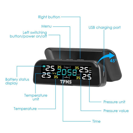 Wireless Solar Car Tire Pressure Monitoring System Auto Tire Pressure with Sensors Temperature Alarm