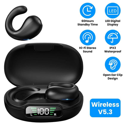 Wireless V5.3 Open Ear Clip Earbuds IPX3 Waterproof Ultra Open Earbuds with LED Display