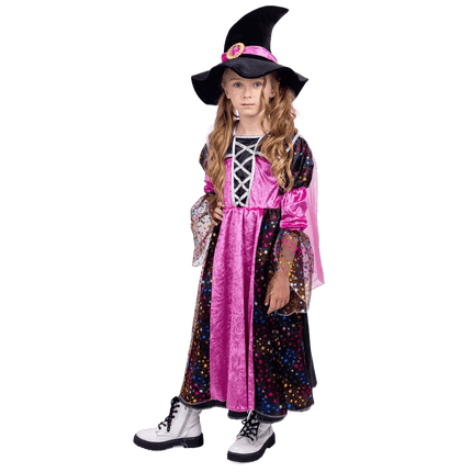 Girls Magenta Witch Costume with Hat Elegant Halloween Witch Dress Kids Costume