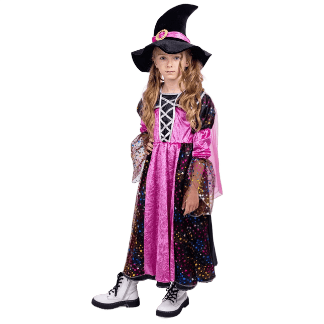 Girls Magenta Witch Costume with Hat Elegant Halloween Witch Dress Kids Costume
