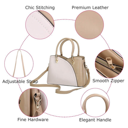 Women Medium Sized Leather Satchel Crossbody Bag with Stylish Stitching Detachable Strap