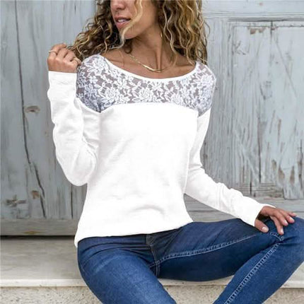 Women Round Neck Sexy Lace Casual Long-Sleeved Top