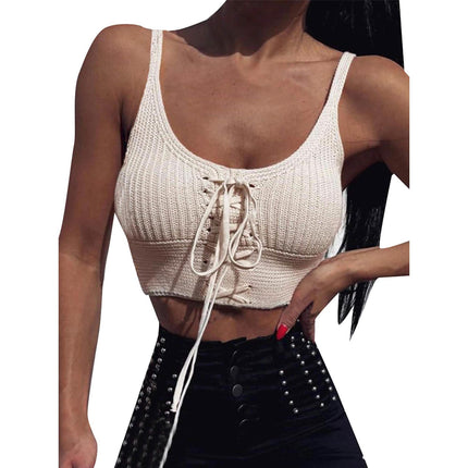 Women Sleeveless Lace Up Knitted Cami Tank Top Sexy Loose Crop Tops Blouse