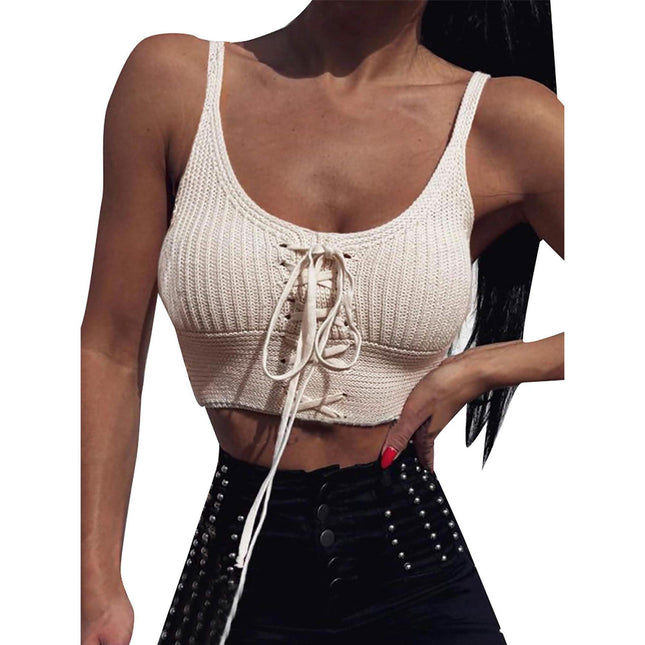 Women Sleeveless Lace Up Knitted Cami Tank Top Sexy Loose Crop Tops Blouse