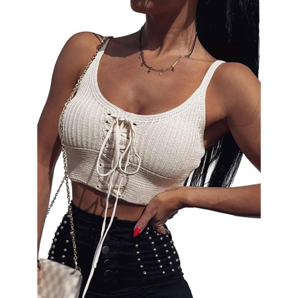 Women Sleeveless Lace Up Knitted Cami Tank Top Sexy Loose Crop Tops Blouse