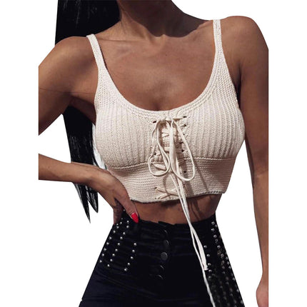 Women Sleeveless Lace Up Knitted Cami Tank Top Sexy Loose Crop Tops Blouse