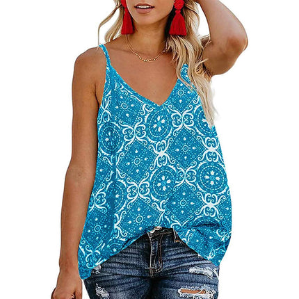 Women's Boho Floral V Neck Spaghetti Straps Tank Top Summer Sleeveless Shirts Blouse