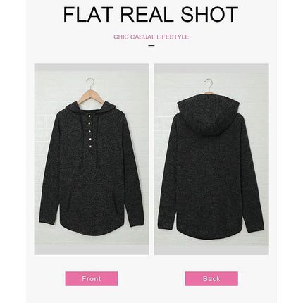 Womens Button Collar Drawstring Stitching Sweatshirts Hoodies Pullover