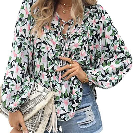 Women's Casual Boho Floral Print V Neck Long Sleeve Top