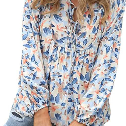Women's Casual Boho Floral Print V Neck Long Sleeve Top