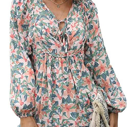 Women's Casual Boho Floral Print V Neck Long Sleeve Top