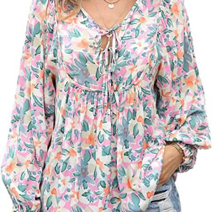 Women's Casual Boho Floral Print V Neck Long Sleeve Top