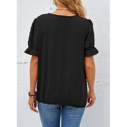 Women's Casual Lace Pom Pom V Neck Chiffon Short Sleeve Top