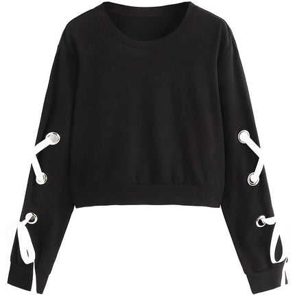 Women's Casual Lace-Up Long-Sleeved Pullover Crop Top Sweatshirt
