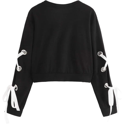 Women's Casual Lace-Up Long-Sleeved Pullover Crop Top Sweatshirt