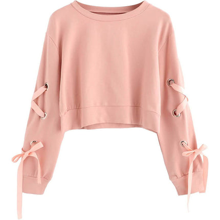 Women's Casual Lace-Up Long-Sleeved Pullover Crop Top Sweatshirt