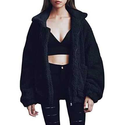 Women's Casual Lapel Fleece Fuzzy Faux Shearling Zipper Coat