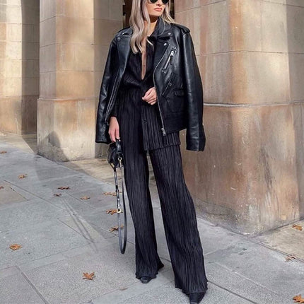 Women's Casual Long Sleeve Button Blouse Top Wide Leg Loose Streetwear Loungewear