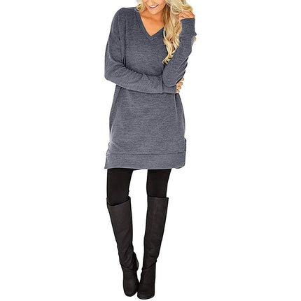 Womens Casual Long Sleeves Solid V-Neck Tunics Shirt Tops with Pockets