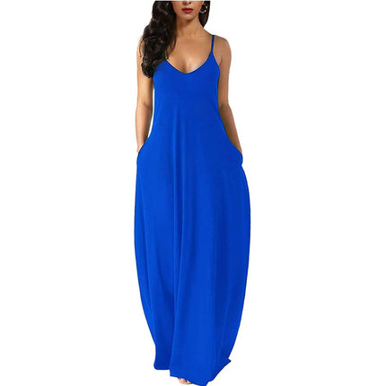 Womens Casual Sleeveless Plus Size Loose Plain Long Maxi Dress with Pockets
