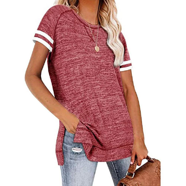 Womens Casual Tunic Tops Short Sleeve Crewneck Side Split Color Block T-Shirt