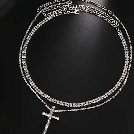 Women's Double Layer Artificial Crystal Cross Pendant Necklace
