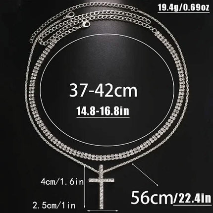 Women's Double Layer Artificial Crystal Cross Pendant Necklace