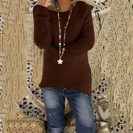 Women's Fashion Autumn and Winter Long Sleeve Knitted Sweaters Solid Color Warm Pullover Tops