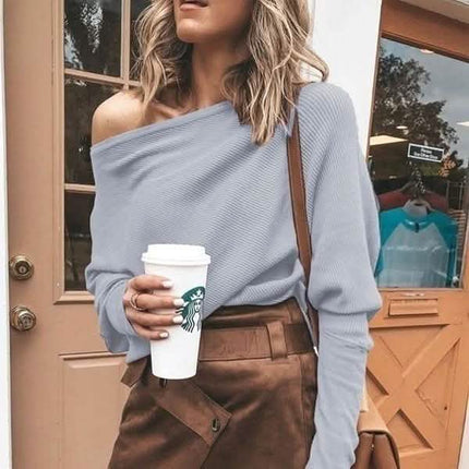 Women's Fashion Off Shoulder Long Sleeve Sweater Casual Long Sleeved Sweatshirt Top
